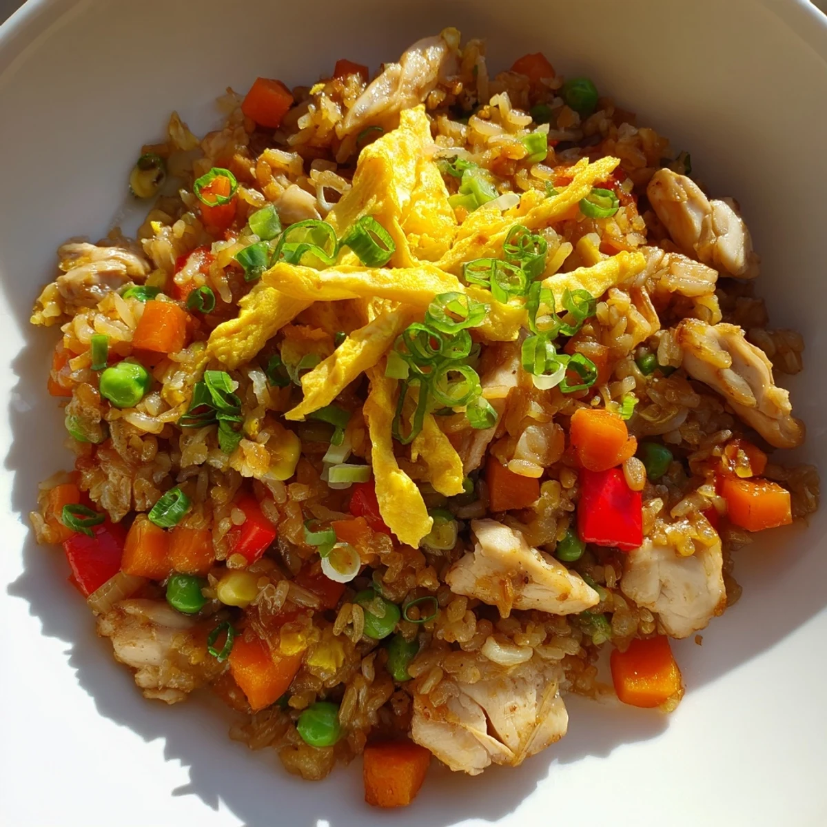 Golden chicken fried rice topped with delicate sliced egg omelette strips and colorful vegetables