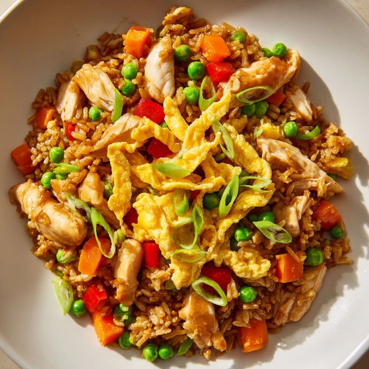 Steamy plate of chicken fried rice garnished with rolled egg omelette and fresh green onions