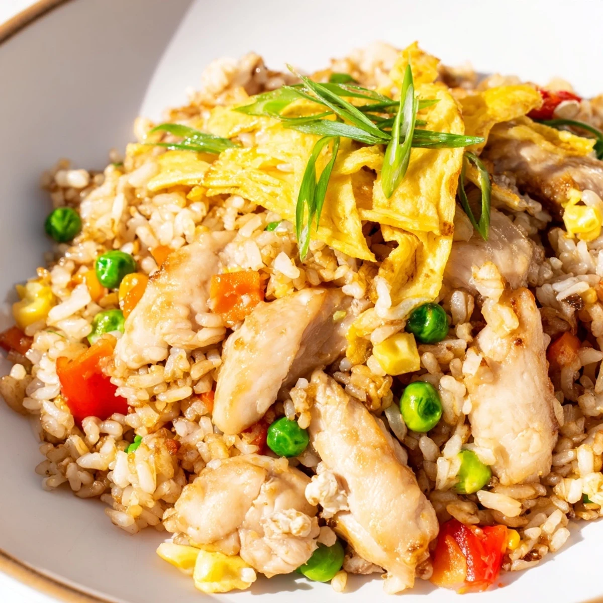 Heaping bowl of savory chicken fried rice featuring tender meat and sliced egg omelette topping