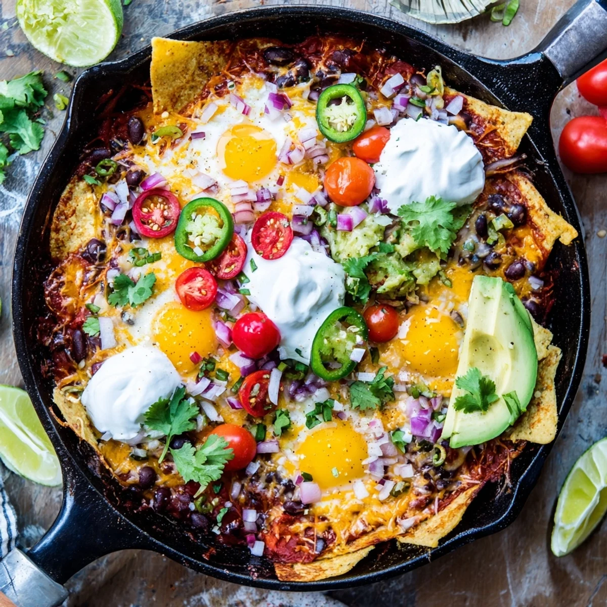 Mexican egg nachos featuring crispy tortilla chips topped with baked eggs, melted cheese, and creamy avocado slices