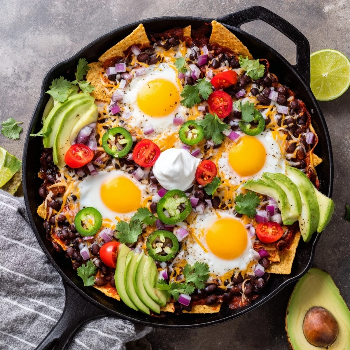 Golden baked Mexican egg nachos layered with spiced black beans, runny yolks, and fresh cilantro garnish