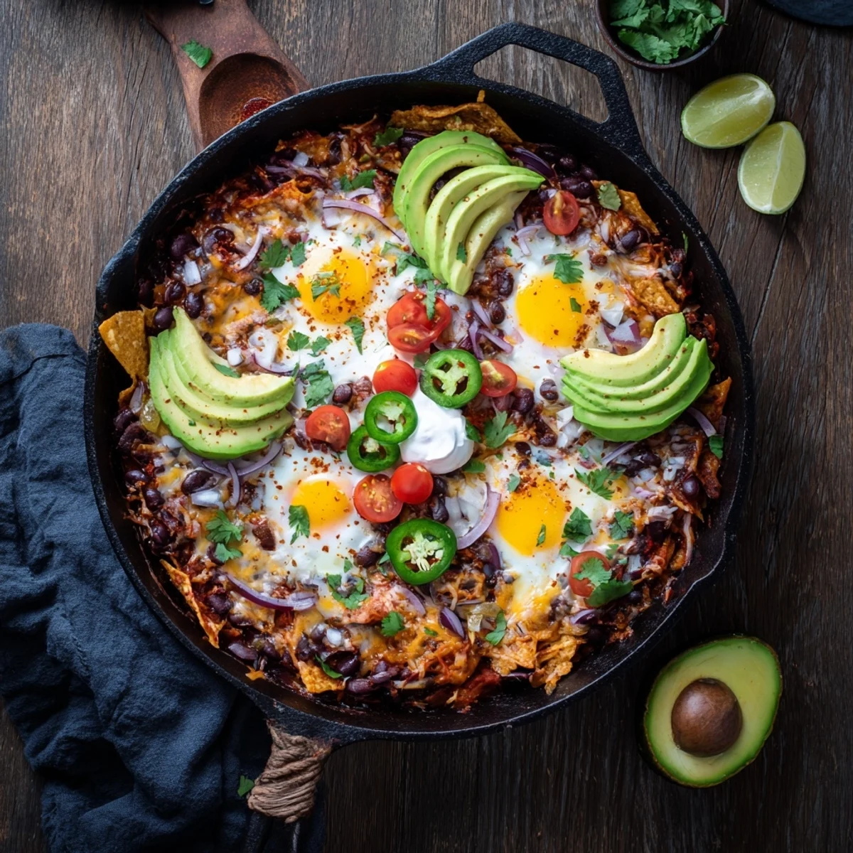 Sizzling skillet of Mexican egg nachos with cheddar cheese, sunny-side-up eggs, and colorful tomato salsa toppings