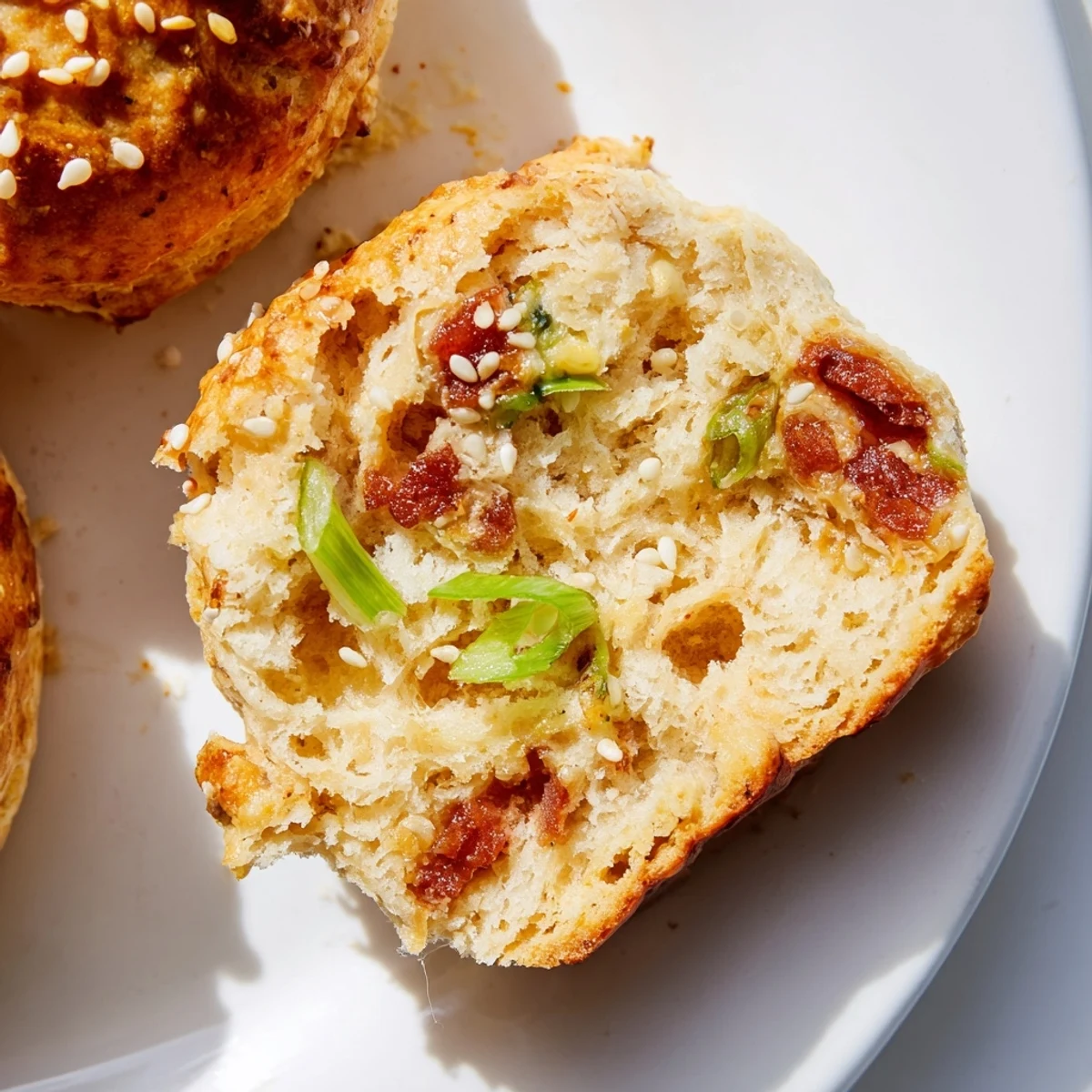 Golden brown homemade Chinese sausage biscuits studded with savory lap cheong pieces and fresh scallions