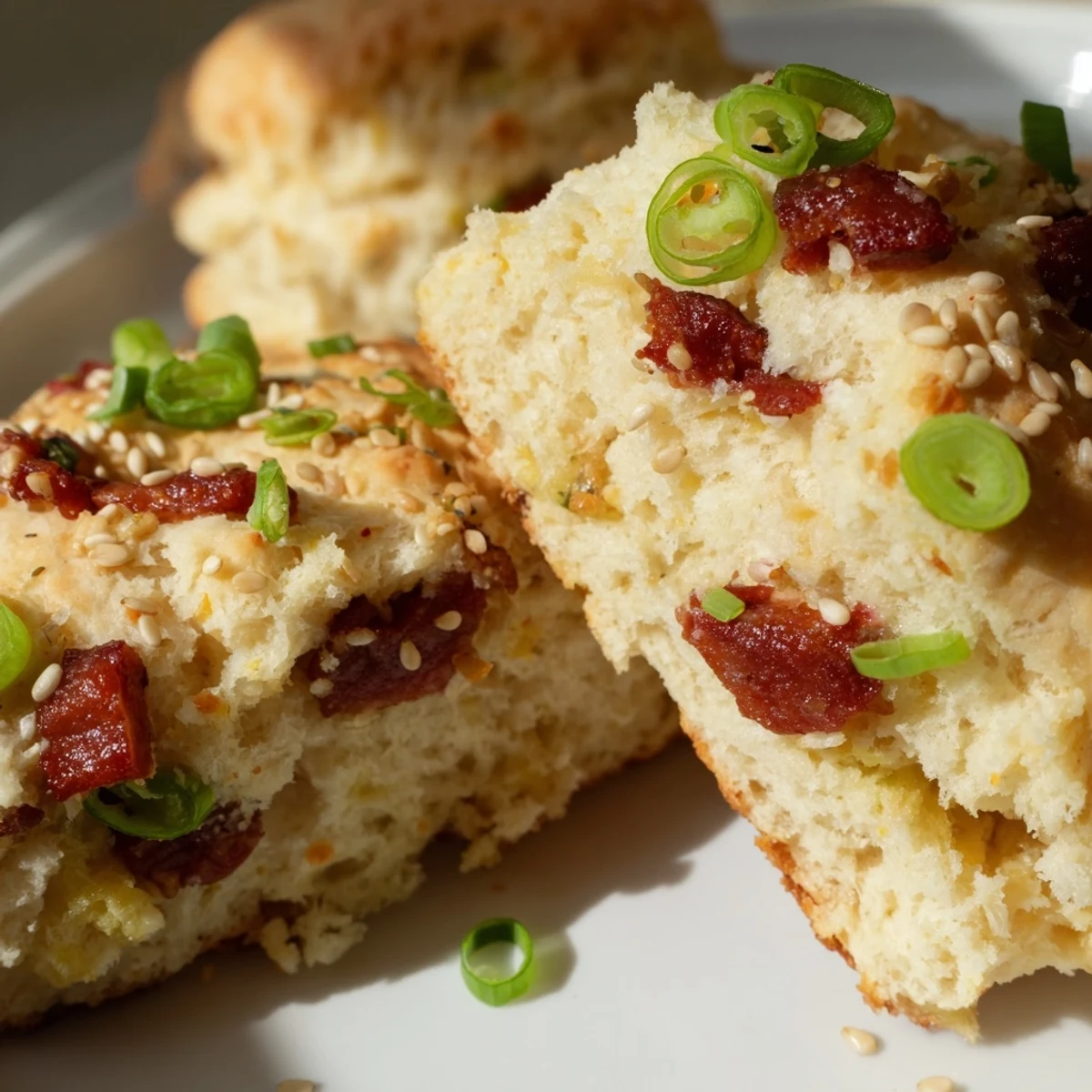 Fluffy buttery biscuits filled with diced Chinese sausage, baked until golden and served warm