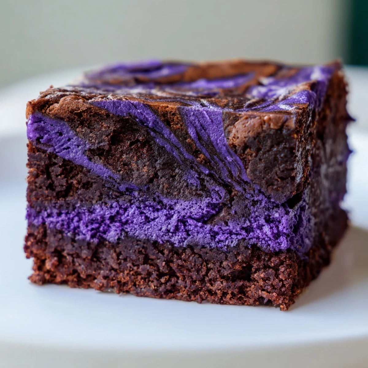Fudgy ube brownies with vibrant purple swirls and melted chocolate marbled throughout