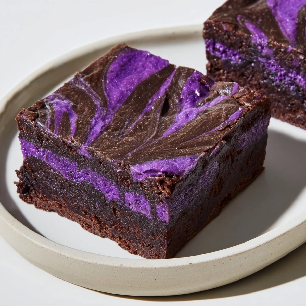 Purple yam brownies sliced into squares showcasing the rich Filipino dessert's colorful interior