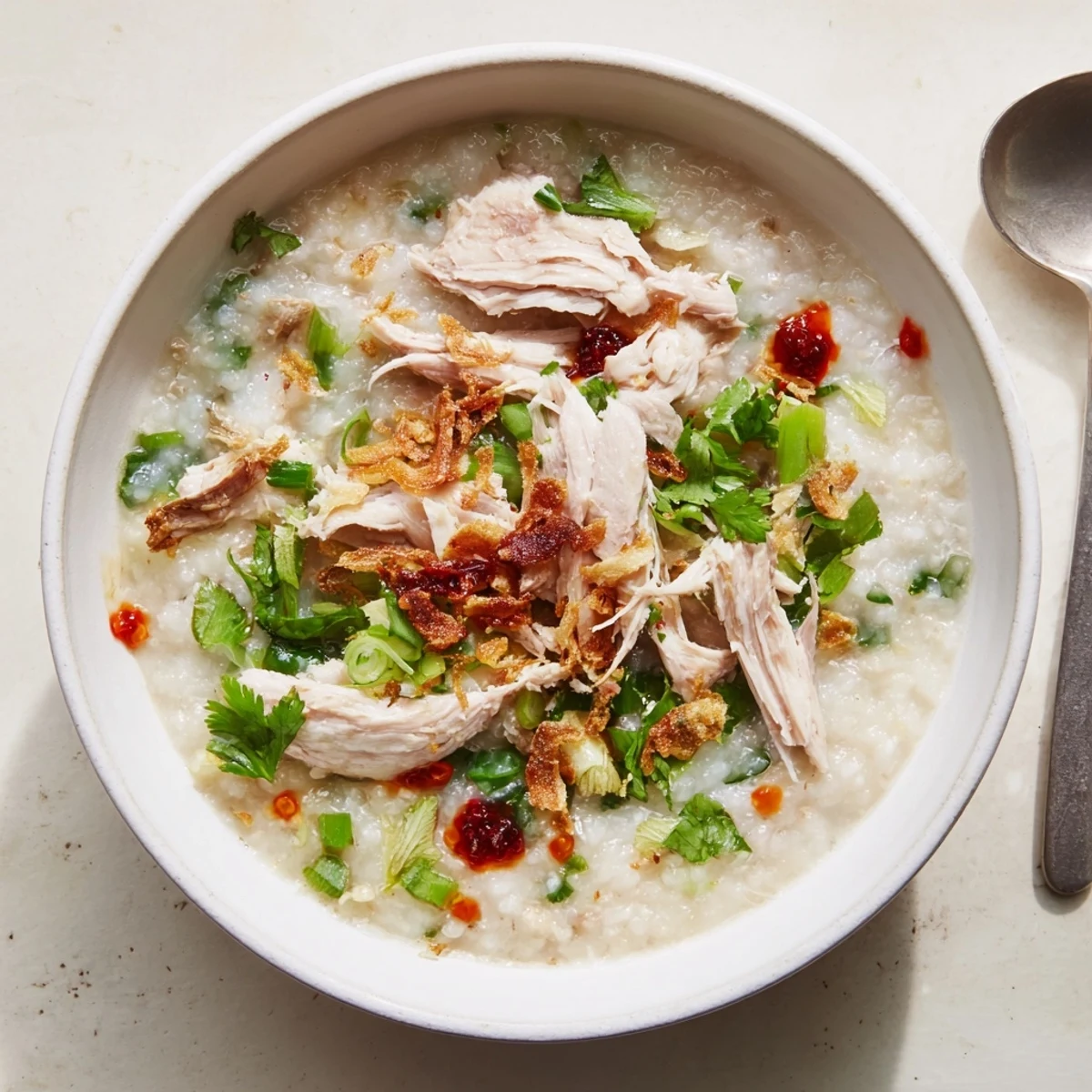 Steaming bowl of savory rice porridge featuring shredded turkey, ginger, and vibrant green garnishes