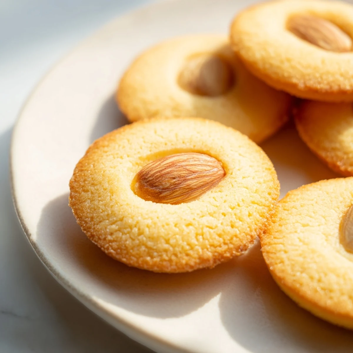 Golden Chinese almond cookies topped with whole almonds arranged on a white plate