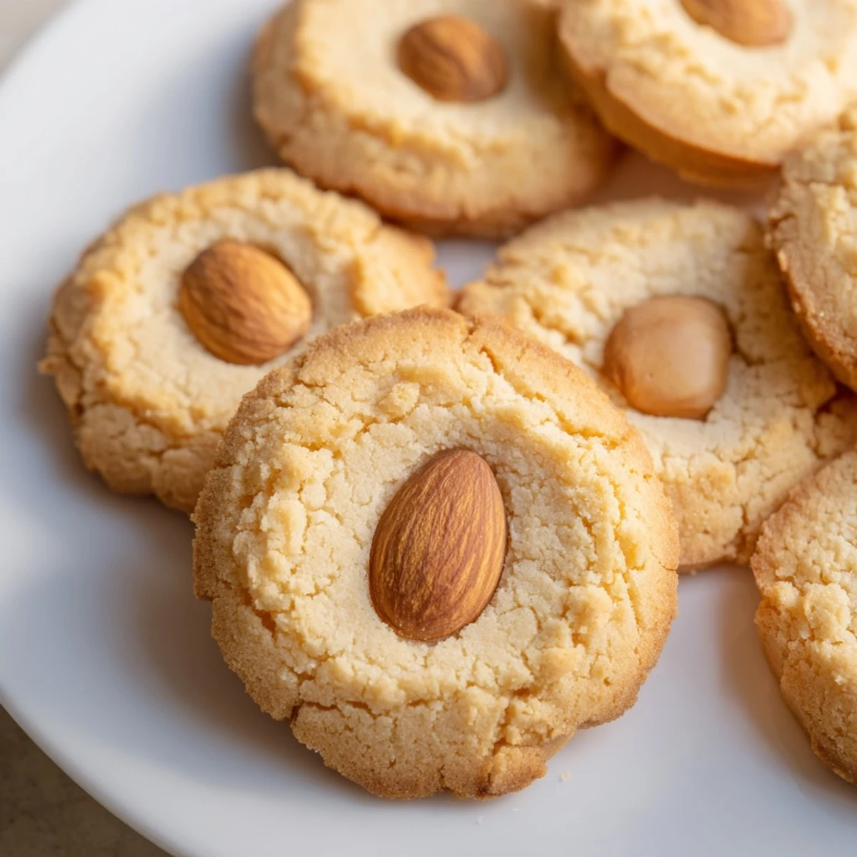 Batch of homemade Chinese almond cookies with glossy egg wash and center almonds