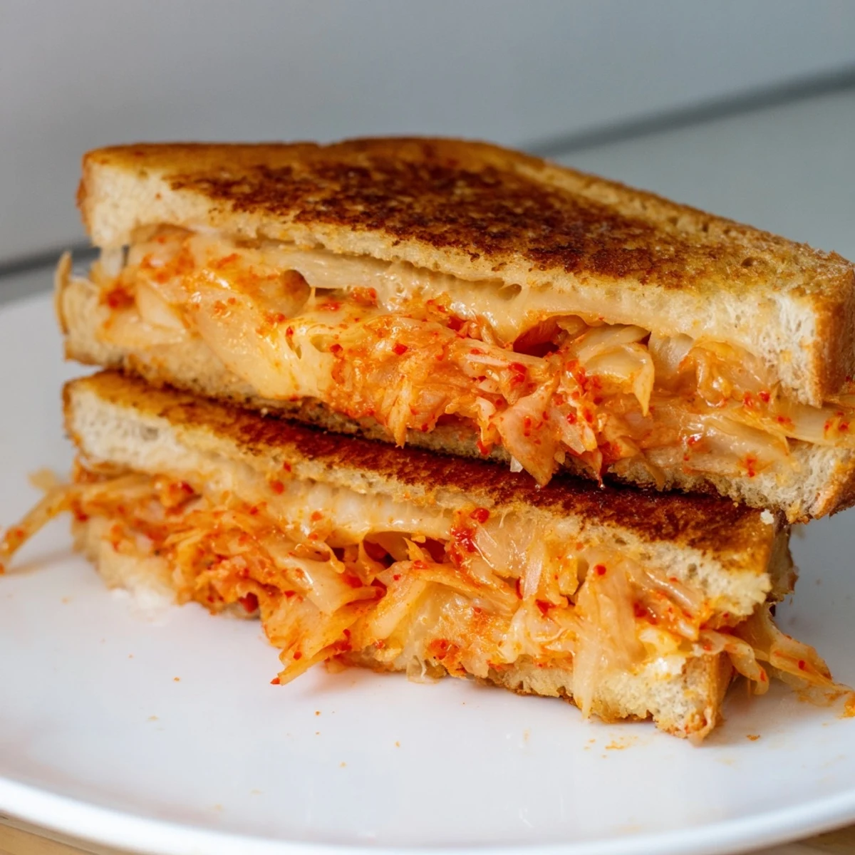 Golden brown kimchi grilled cheese sandwich with melted cheddar oozing from crispy sourdough bread
