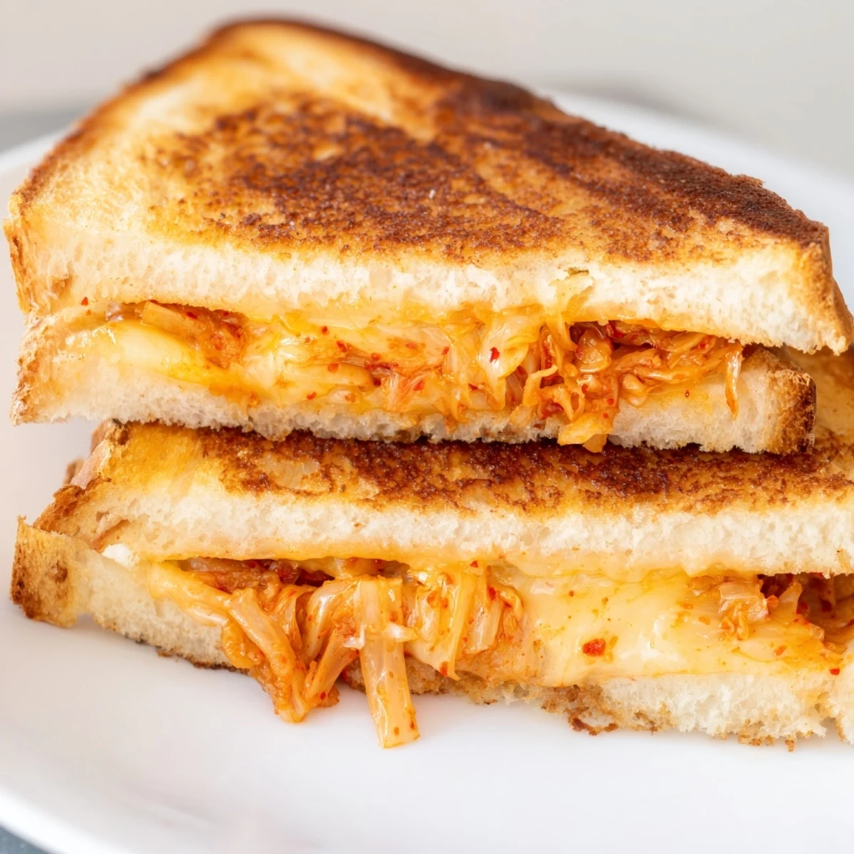 Sliced kimchi grilled cheese featuring spicy fermented cabbage and gooey cheese on buttered toast