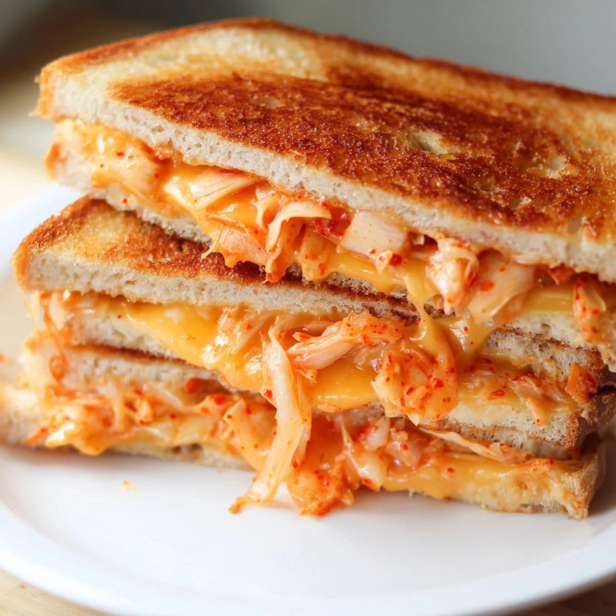 Korean fusion grilled cheese sandwich with tangy kimchi and melted cheese served on white plate