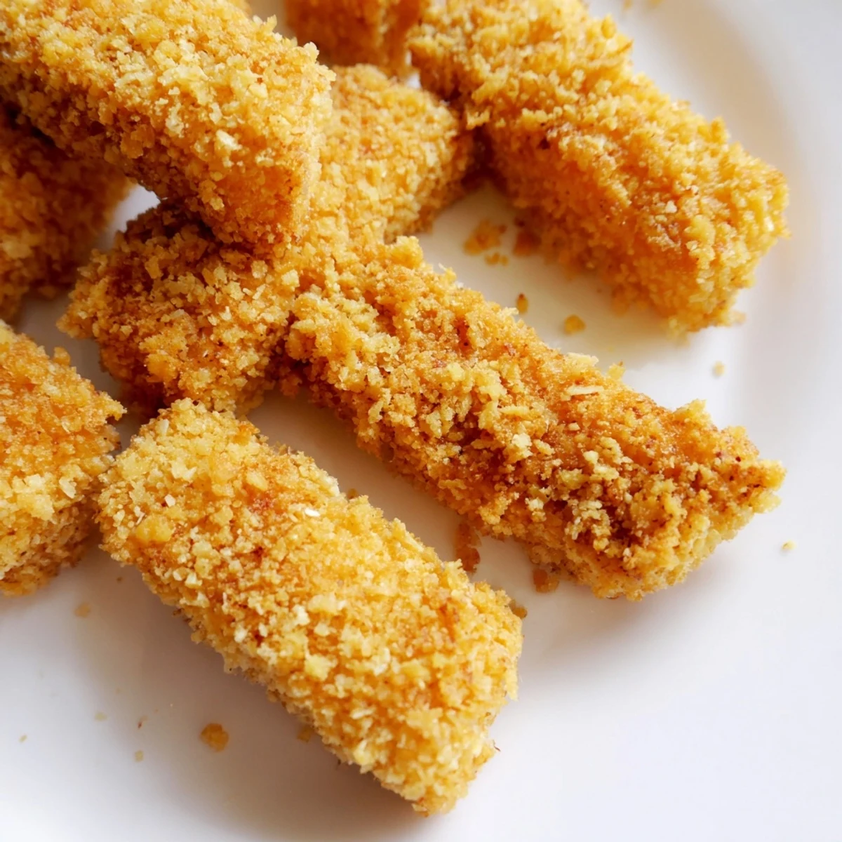 Golden corn chip fish fingers arranged on a baking sheet with crispy textured coating visible