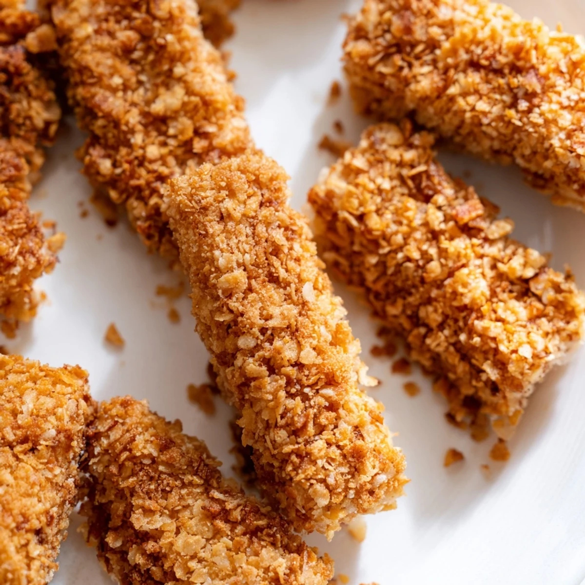 Baked fish fingers coated in crushed corn chips served with lemon wedges and tartare sauce
