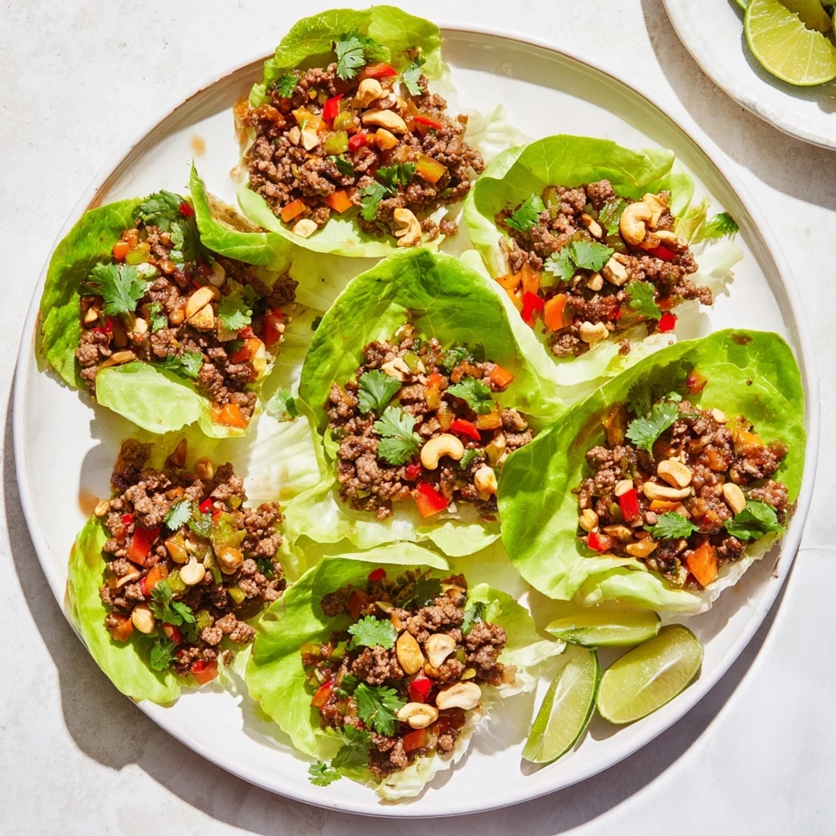 Savory ground beef and roasted cashew mixture spooned into refreshing lettuce leaves for Asian-inspired appetizers