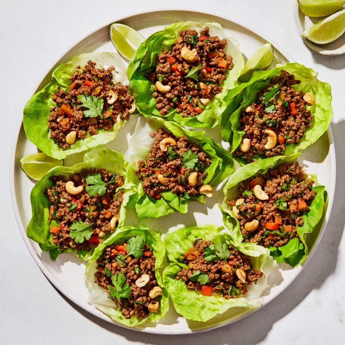Crisp butter lettuce cups filled with savory beef and cashew stir-fry garnished with fresh cilantro