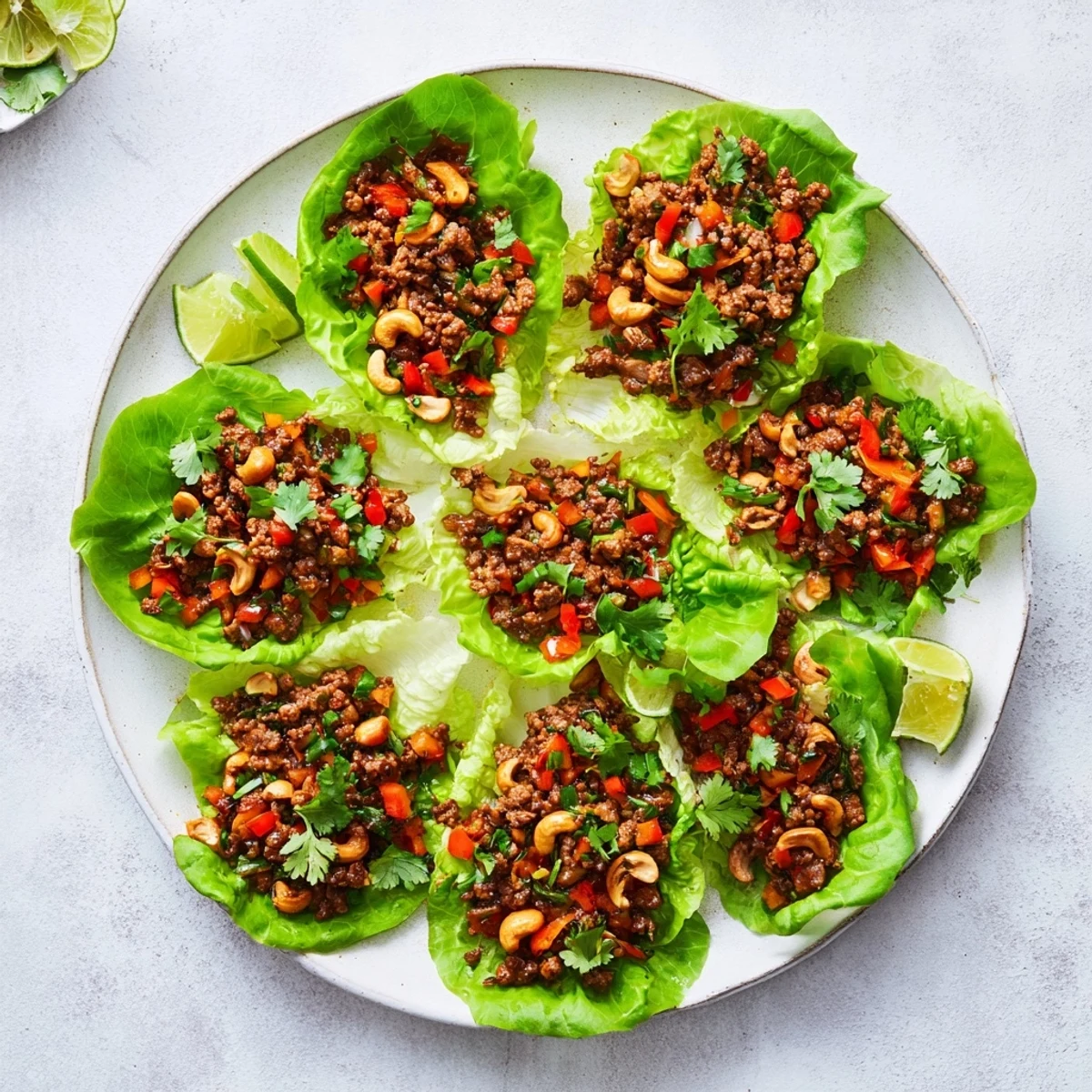 Golden brown minced beef with crunchy cashews nestled inside crisp lettuce cups topped with lime wedges