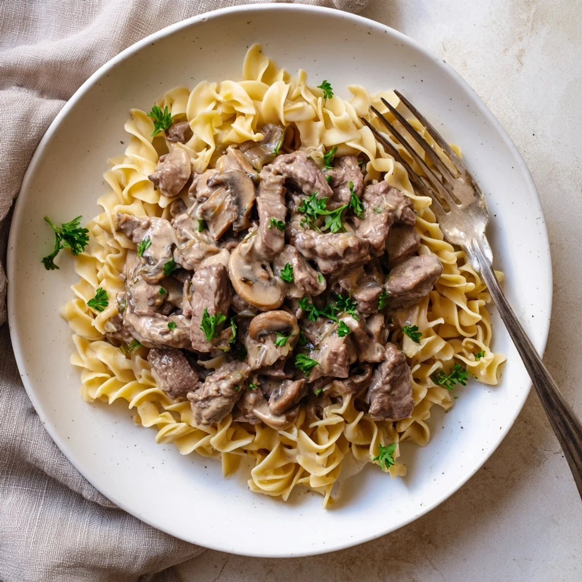 Tender beef strips and earthy mushrooms swimming in rich sour cream sauce over noodles
