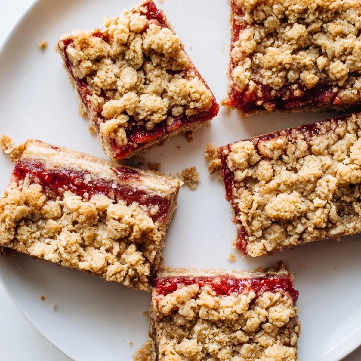 Golden strawberry oatmeal crumble bars with bubbling red fruit filling and buttery brown topping
