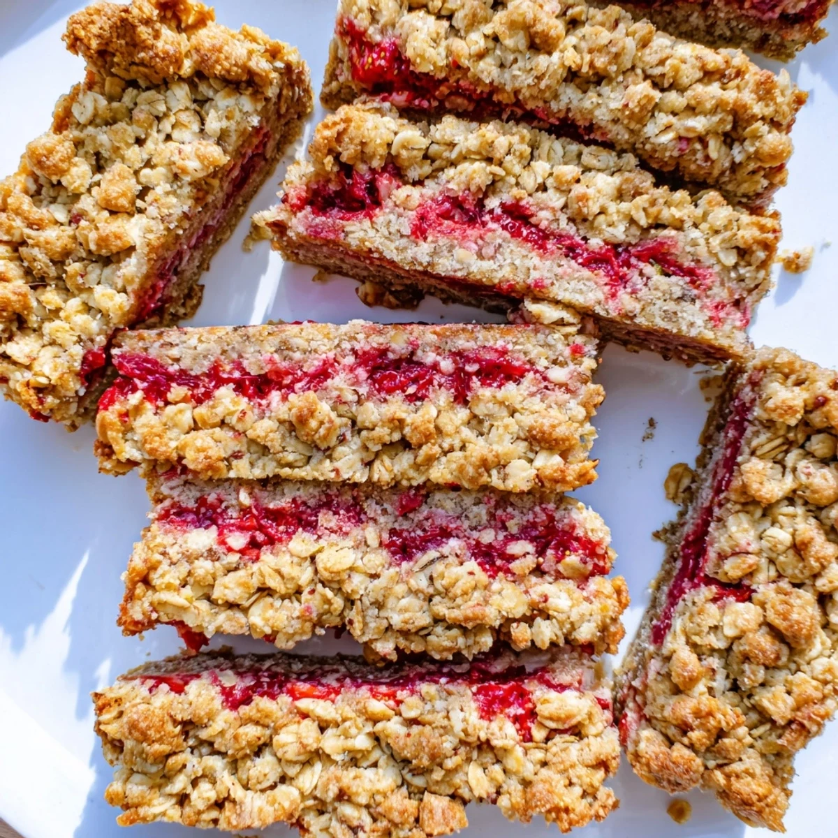 Homemade strawberry oatmeal crumble bars featuring sweet jammy fruit layers nestled between crispy oat crumbles
