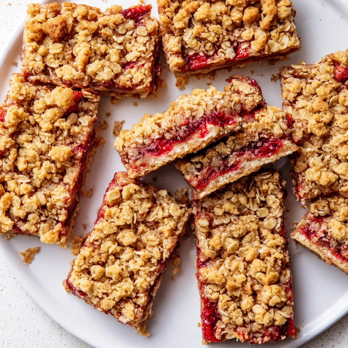 Fresh baked strawberry oatmeal crumble bars cut into squares with juicy berry center and golden crusted edges
