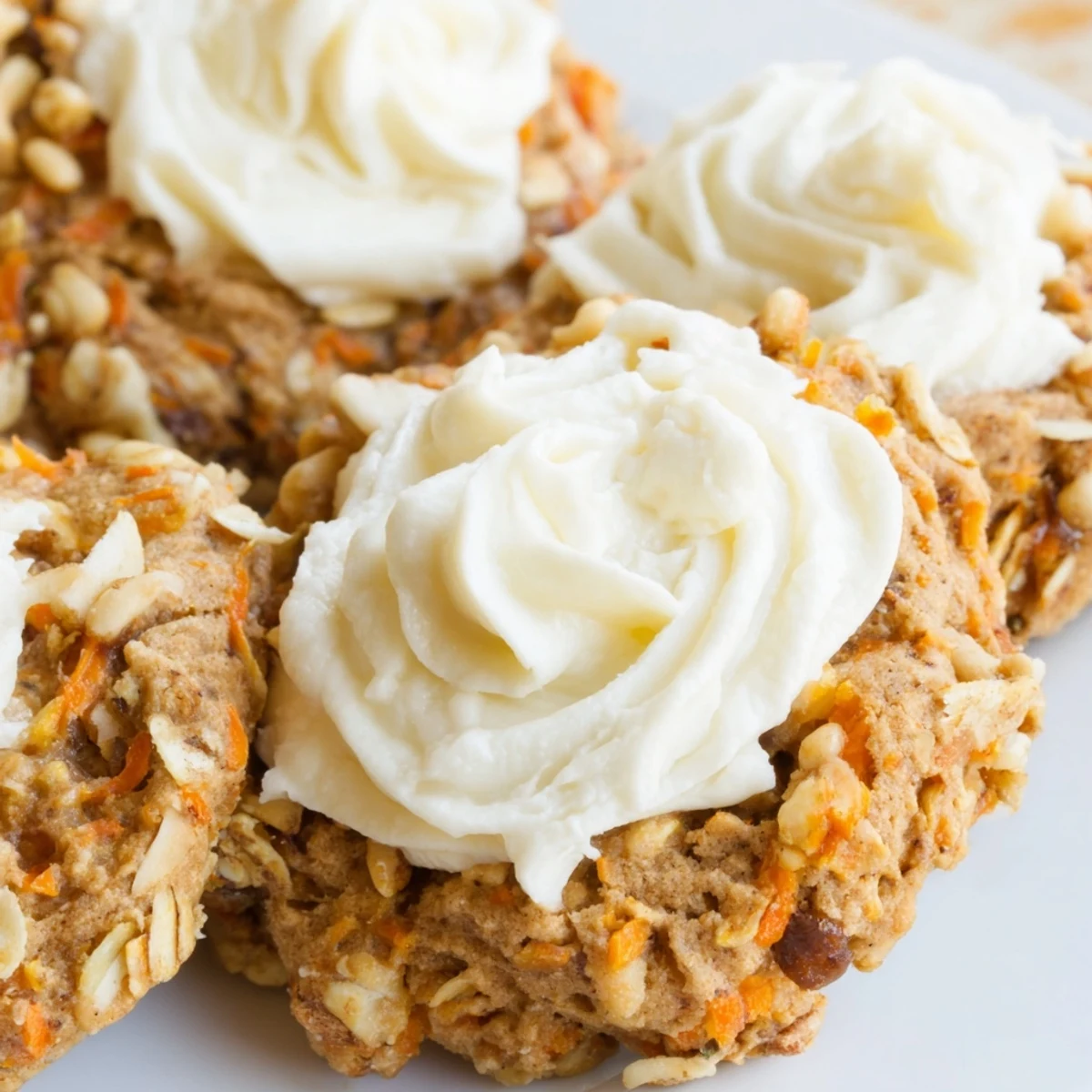 Chewy spiced carrot cake cookies with visible grated carrot bits and oats