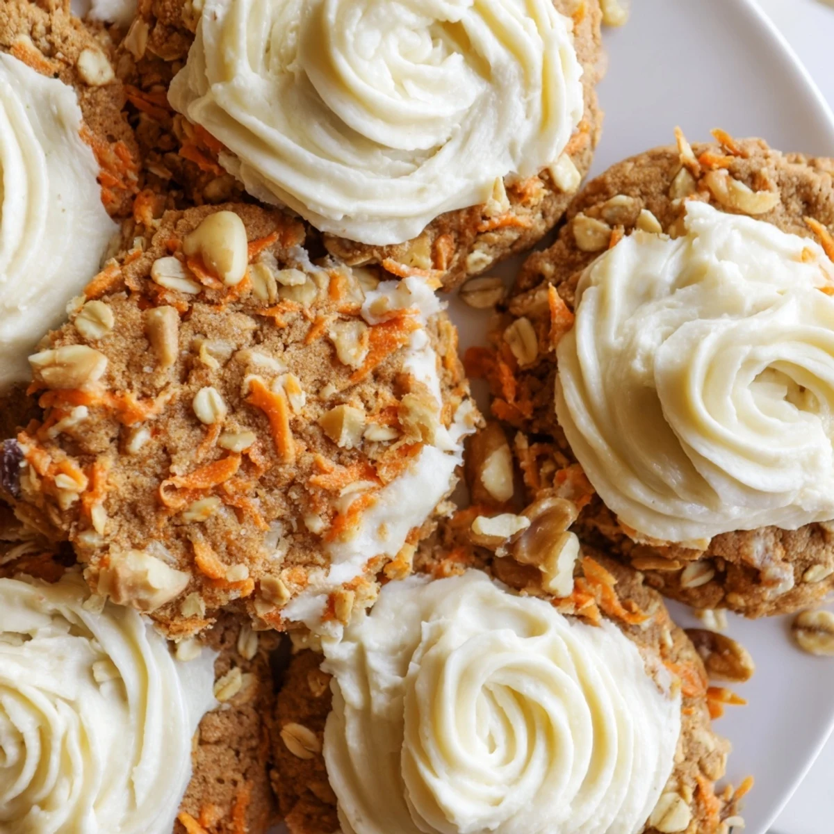 Golden brown carrot cake cookies piped with fluffy white cream cheese frosting