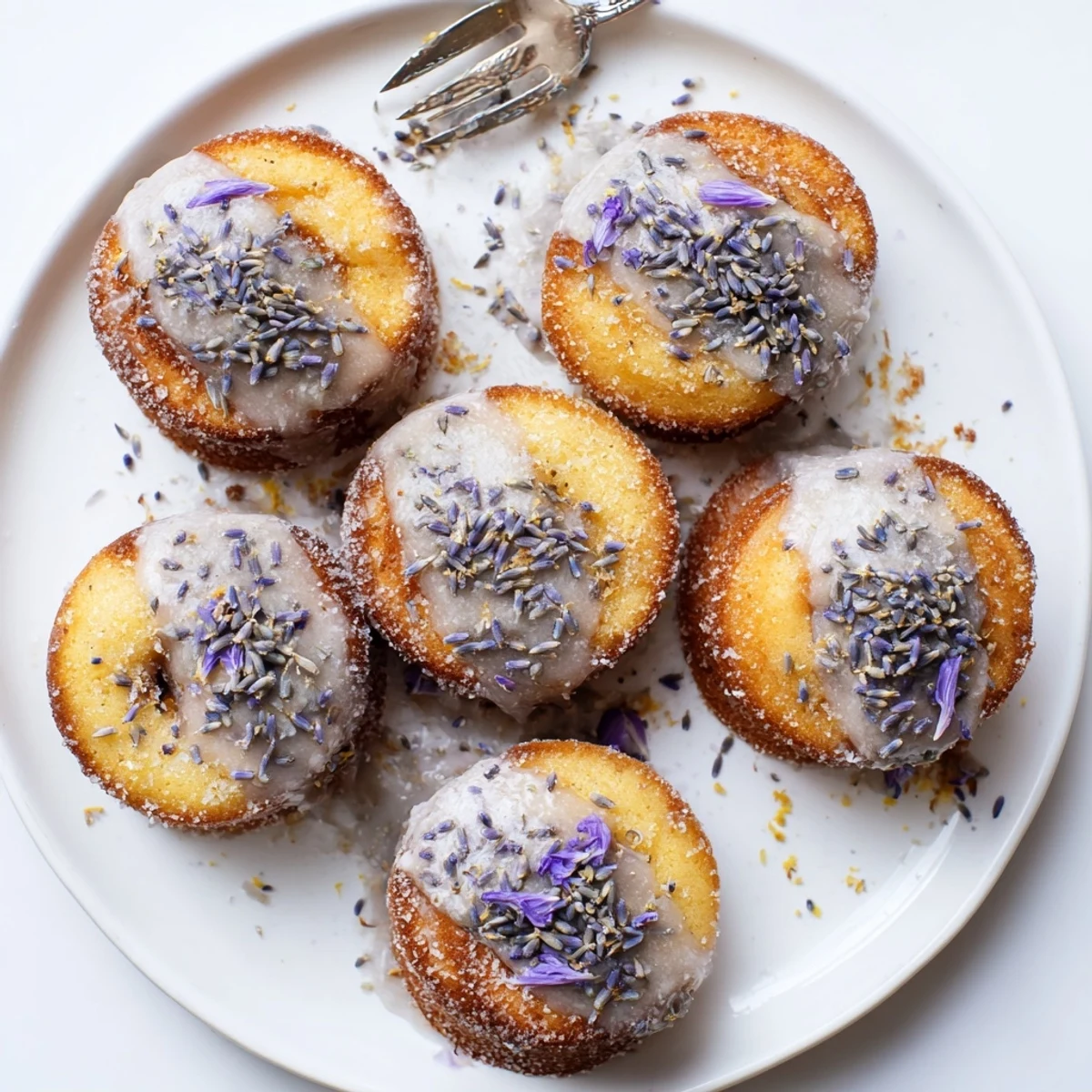 Small lemon cakes topped with floral lavender icing on a white serving plate