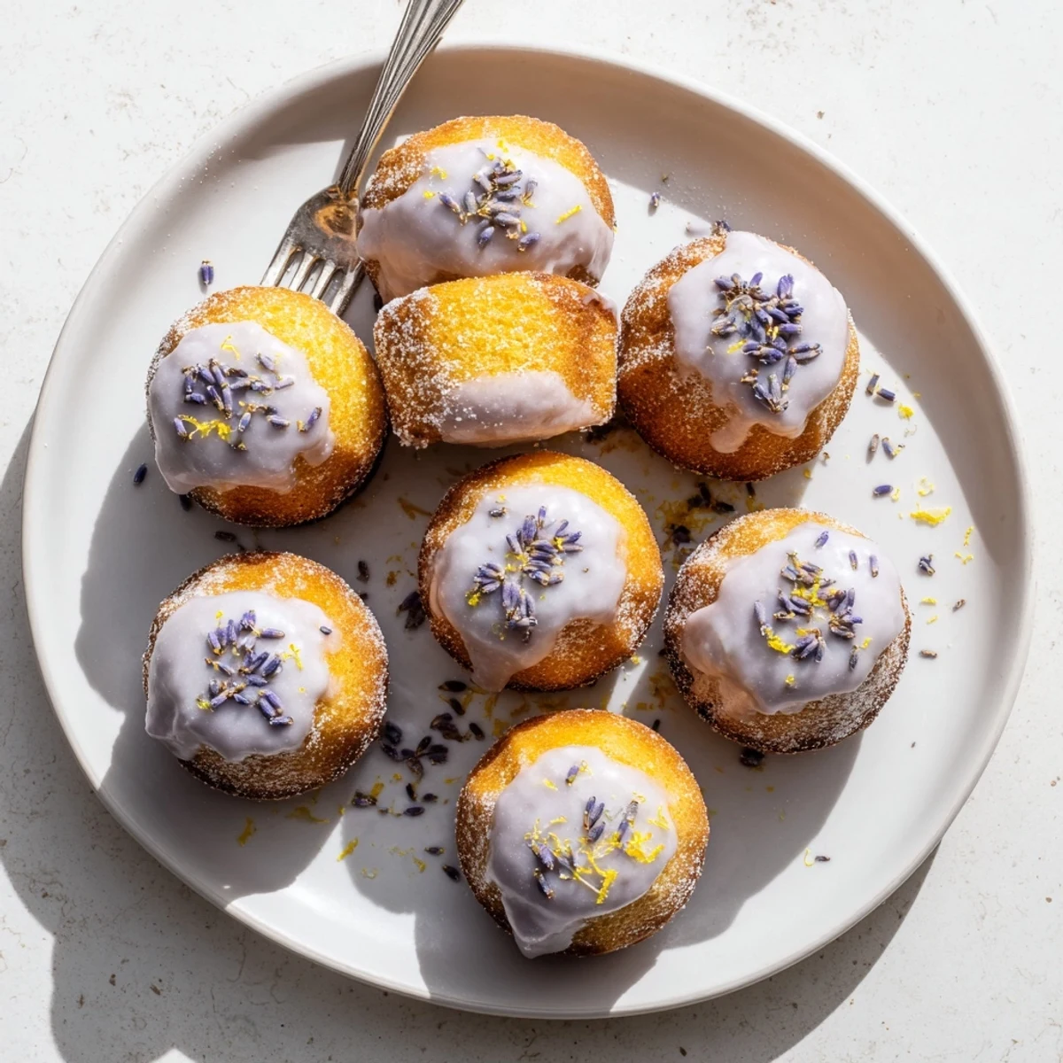 Zesty mini lemon cakes featuring smooth purple lavender glaze and lemon zest garnish
