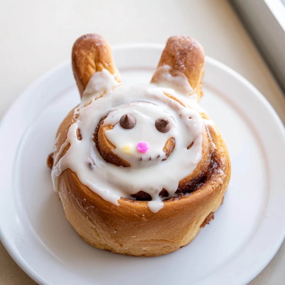 Fluffy homemade Easter Bunny cinnamon rolls shaped like cute rabbits with cinnamon sugar swirls inside