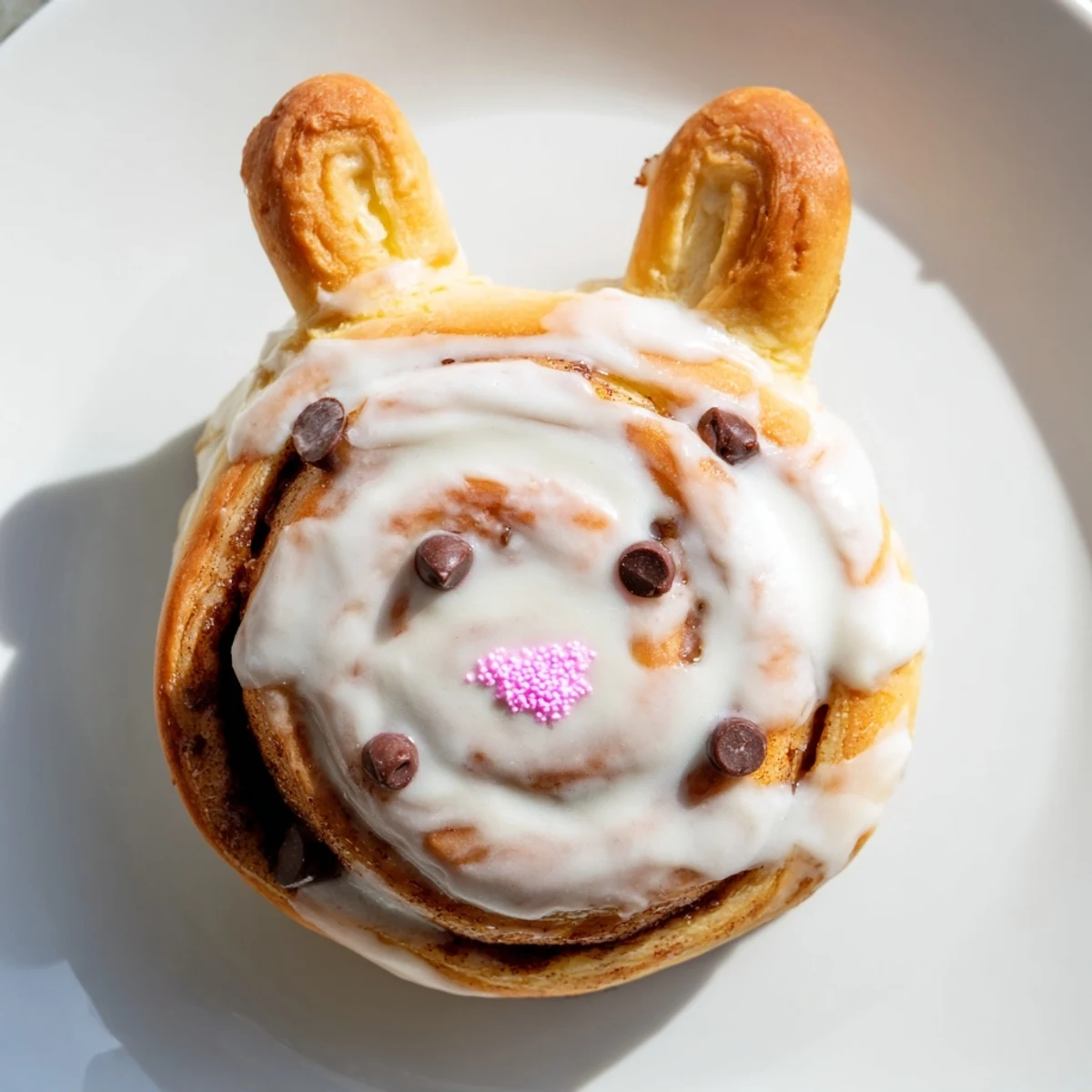 Golden Easter Bunny cinnamon rolls topped with white icing and chocolate chip eyes on a baking sheet