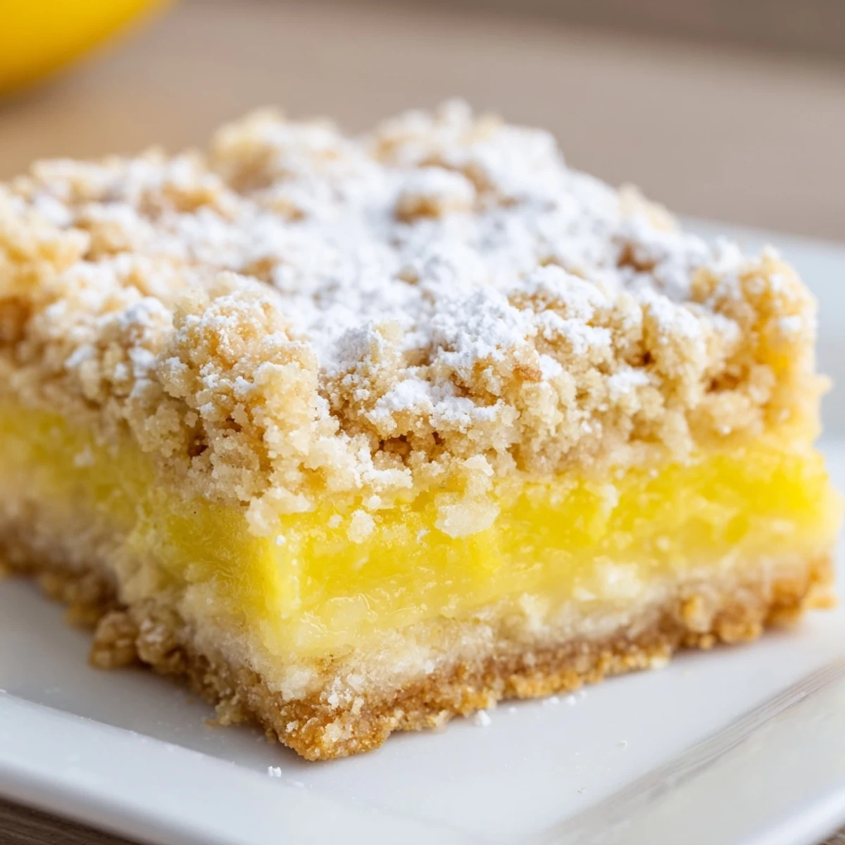 Golden lemon crumb bars with bright yellow filling nestled between buttery oat-textured layers