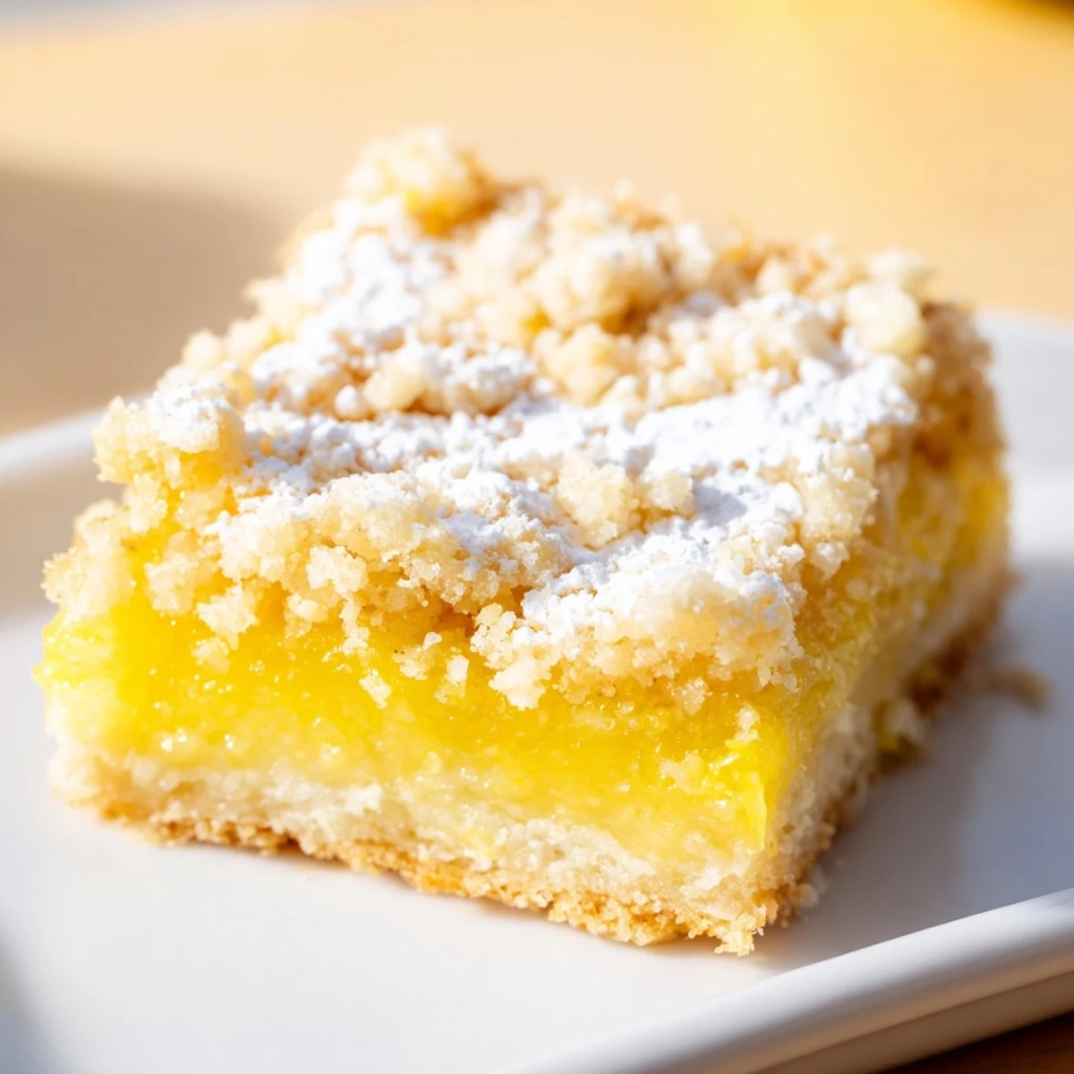Homemade lemon crumb bars dusted with powdered sugar on a white dessert plate