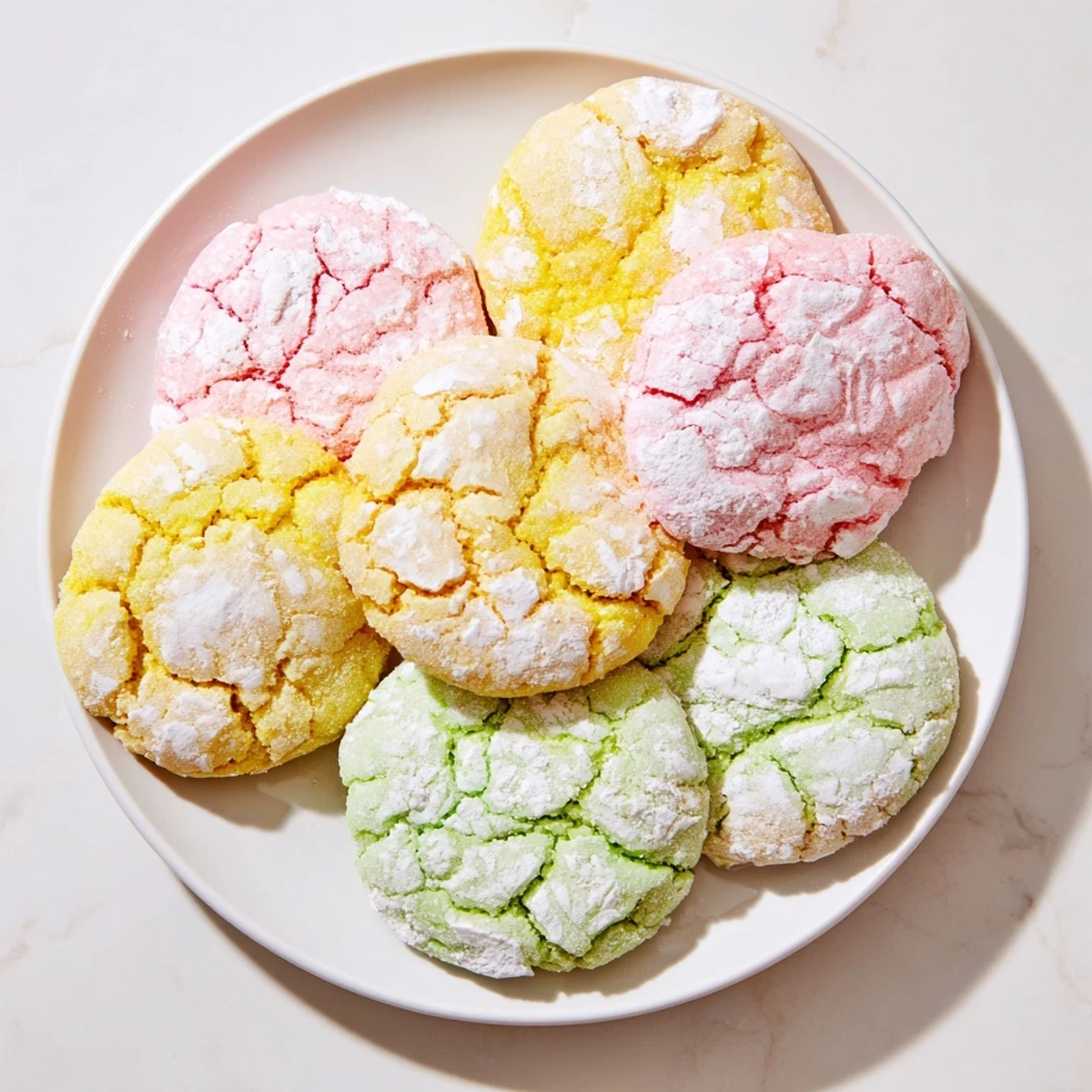 Soft pastel springtime crinkle cookies with white powdered sugar crackled coating on a baking sheet