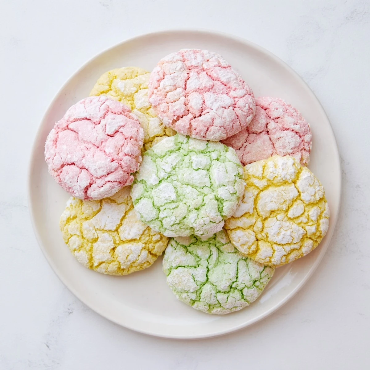 Plate of pastel springtime crinkle cookies featuring cracked powdered sugar coating and soft centers