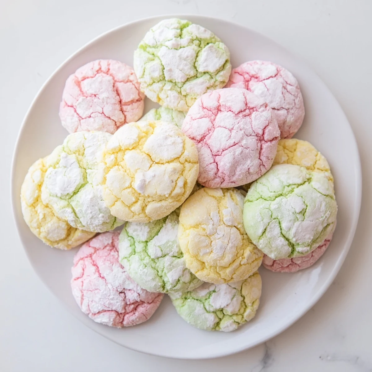 Colorful springtime crinkle cookies in pink yellow and blue with snowy crackled tops