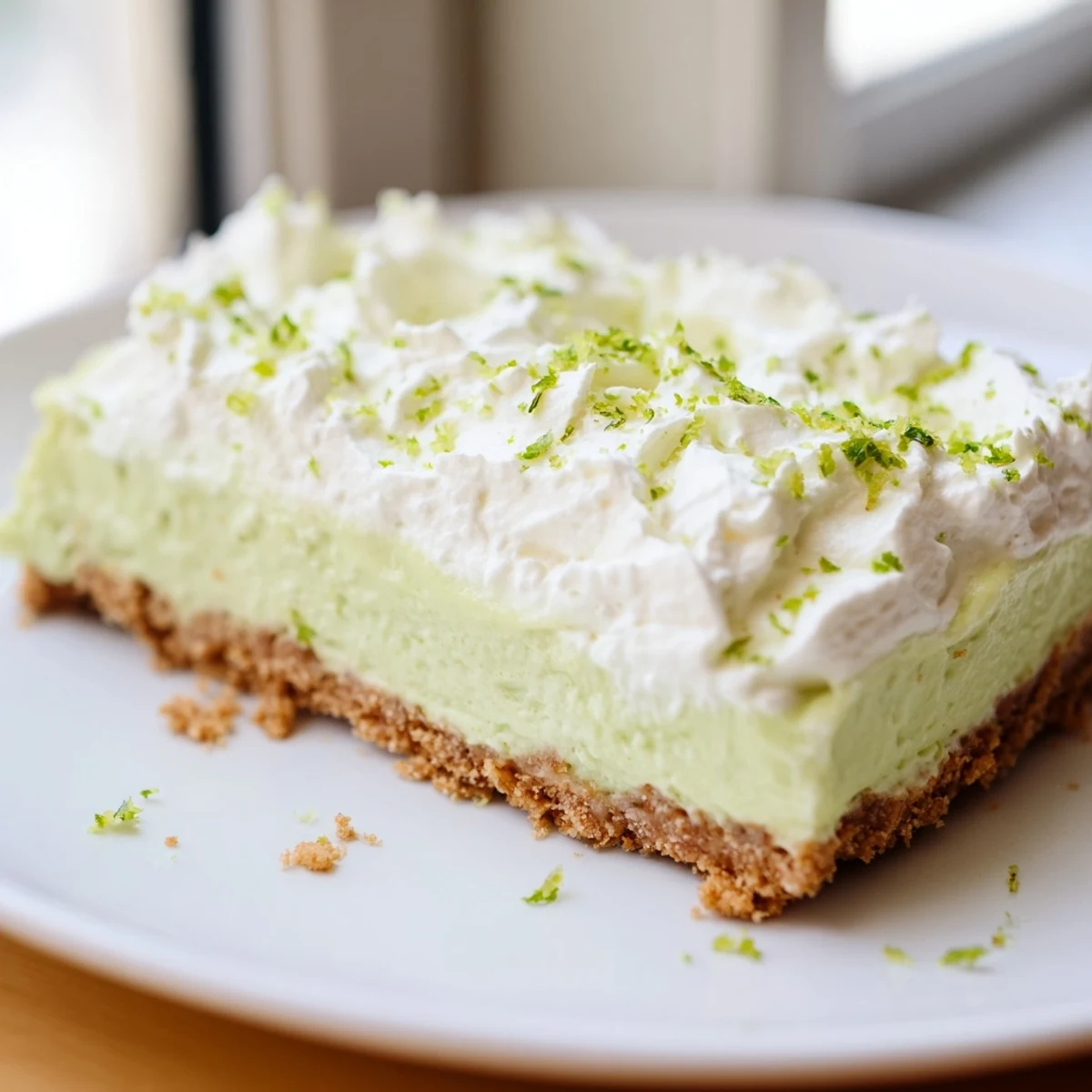 Golden square Key Lime Pie Bars with graham cracker crust and whipped cream topping garnished with fresh green lime zest
