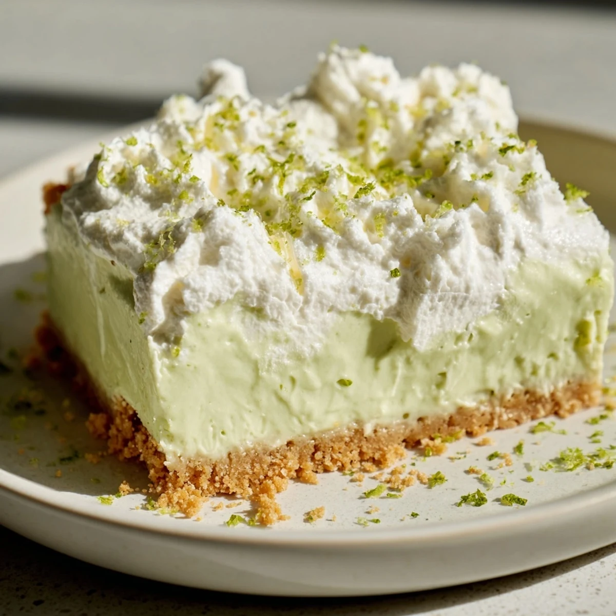 Tangy green Key Lime Pie Bars on white plate dusted with powdered sugar and lime wedge garnish