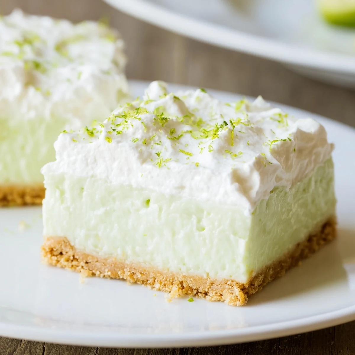 Freshly sliced Key Lime Pie Bars featuring creamy lime filling over buttery graham crust with optional whipped cream