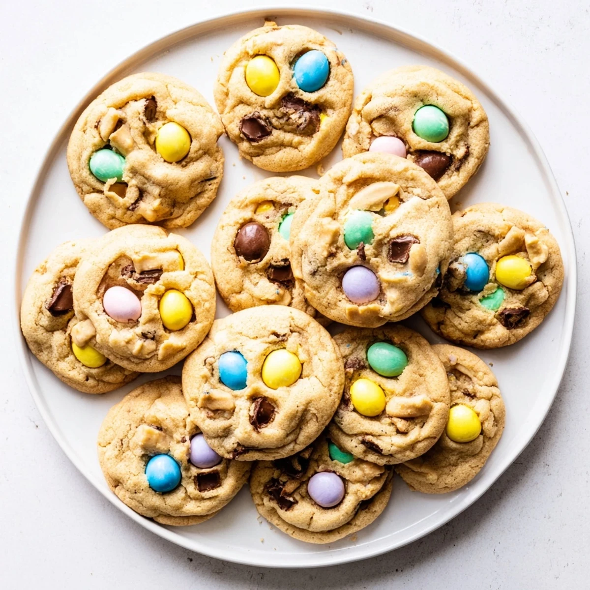 Golden brown mini egg cookies topped with colorful chocolate candies on a white plate