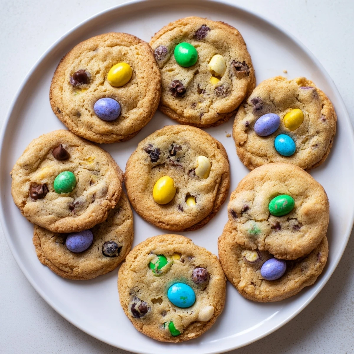 Stack of buttery mini egg cookies studded with crunchy chocolate eggs for spring desserts