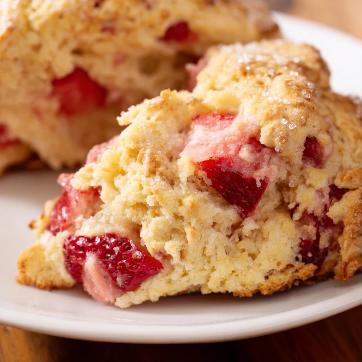 Golden homemade strawberry scones piled on a wire cooling rack with sugar-dusted tops