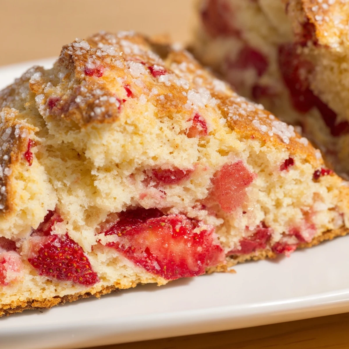 Two warm strawberry scones on a rustic wooden board served with clotted cream