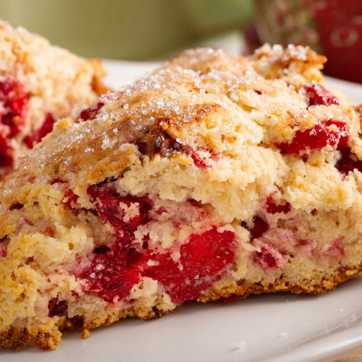 Fresh strawberry scones sliced open revealing tender crumb and bright red berry pieces