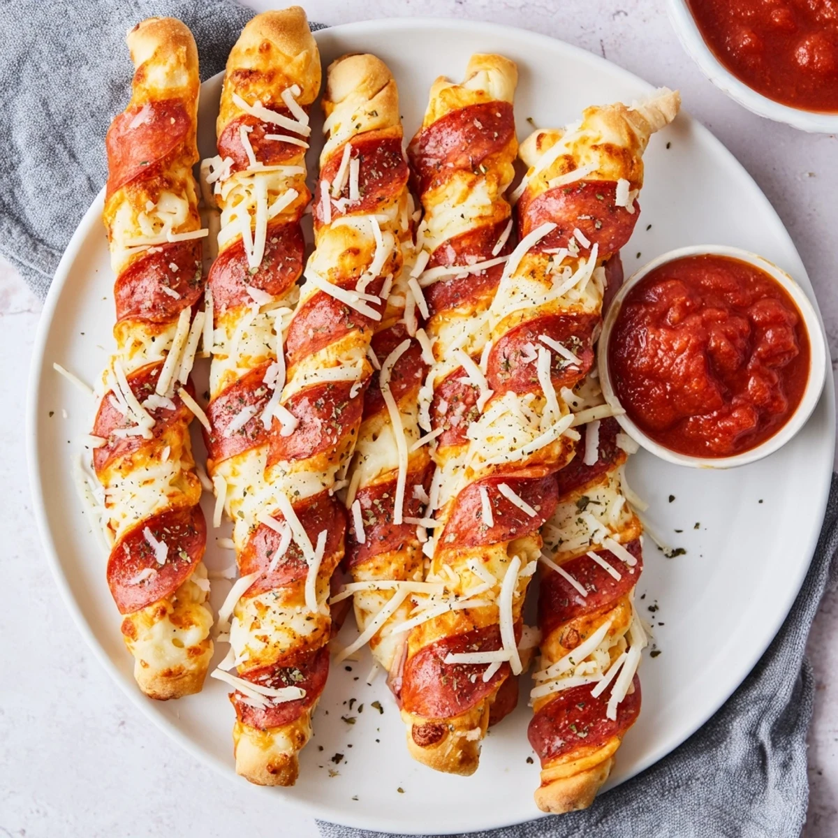 Golden brown festive candy cane pizza breadsticks topped with melted mozzarella and pepperoni stripes on a white baking sheet