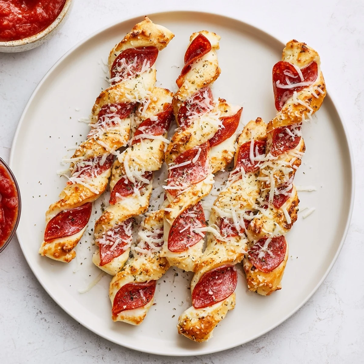 Twisted pizza dough shaped into candy canes with garlic butter brush and bubbling cheese baked to perfection