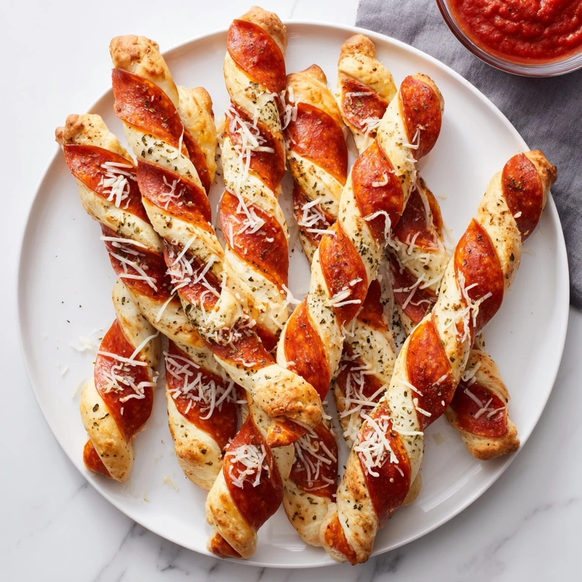 Holiday appetizer of eight curved breadsticks arranged on parchment paper with red pepperoni and cheesy topping ready for dipping