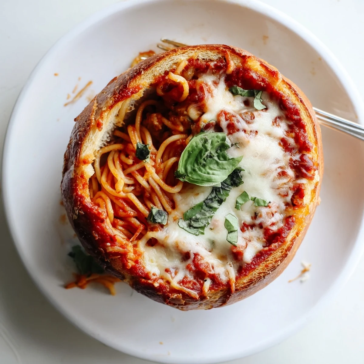 Crispy golden garlic bread bowls filled with spaghetti and melted mozzarella cheese on a rustic wooden table