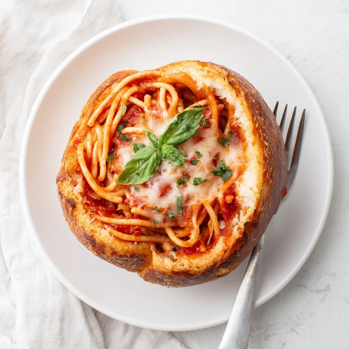 Easy spaghetti garlic bread bowls featuring savory marinara coated pasta nestled inside toasted herb buttered bread