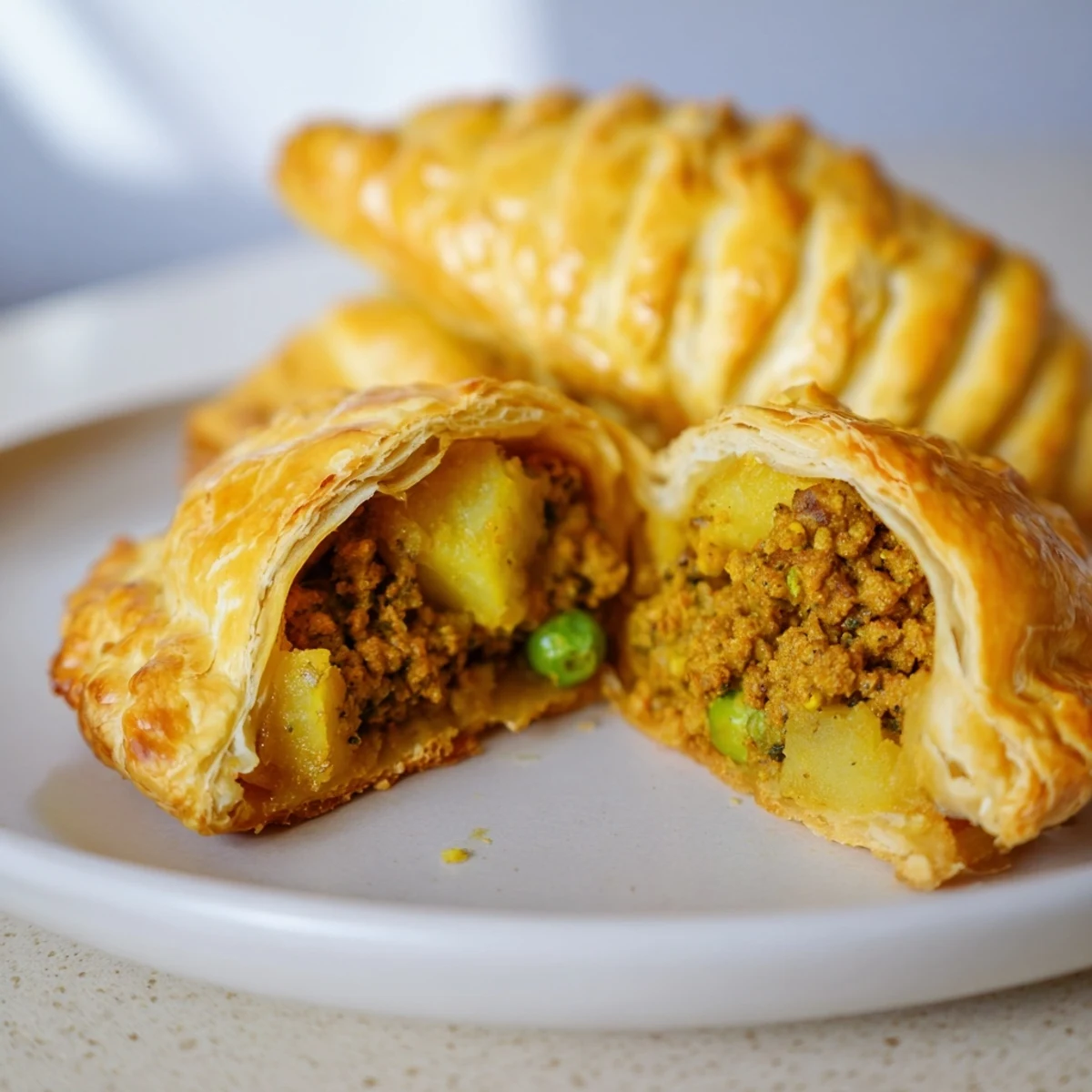 Golden curry puffs with beef featuring flaky pastry and savory spiced filling